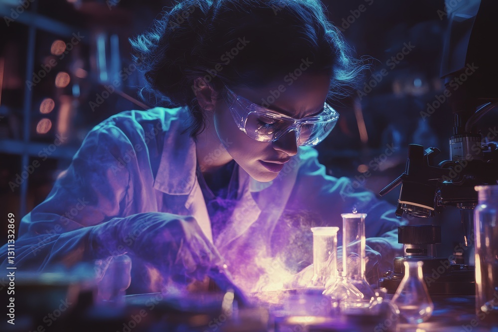 Poster focused scientist conducting experiments in dark laboratory environment