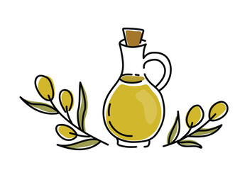 Olive branch and olive oil hand drawn in doodle style. Simple sketch drawing with black lines on white. Can be used for menu brochures