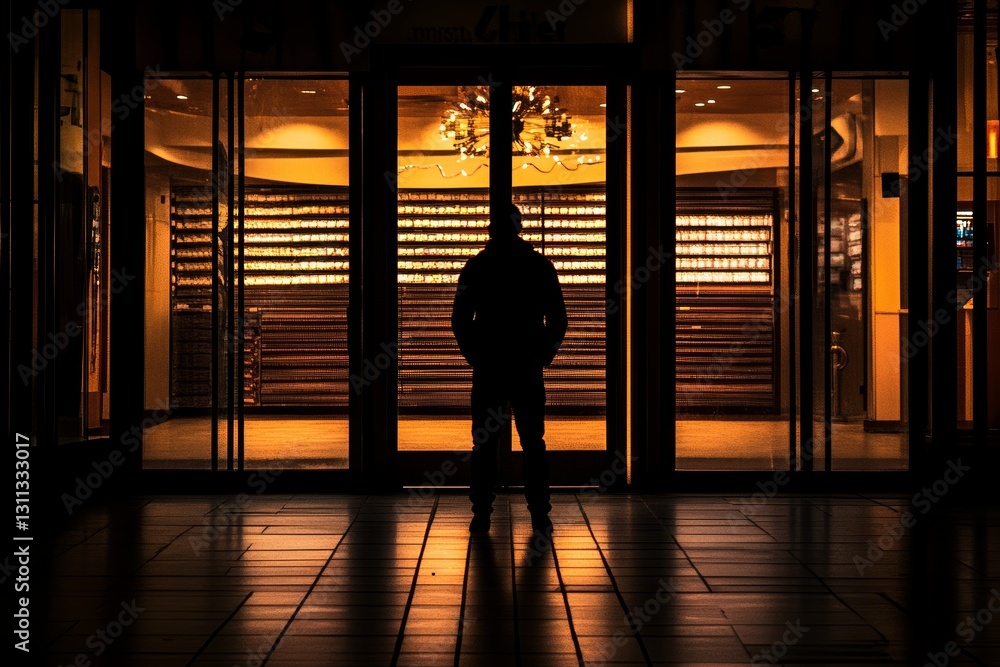 Poster a man stands in front of a building with a large window