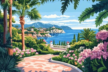 Breathtaking mediterranean sea view from a lush tropical garden