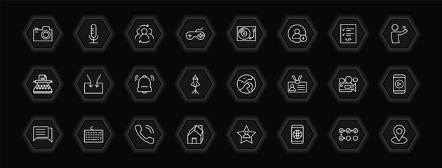 outline icons set - blogger and influencer concept. vector icons included camera, community, vinyl, feed and more.
