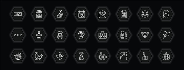 outline icons set - birthday and party concept. vector icons included garter, cake slice, birthday invitation, wedding cake and more.