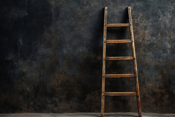 A weathered wooden ladder leans against a textured, dark wall, creating a striking contrast.