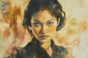 Stunning Watercolor Portrait of a Young Woman with Expressive Eyes