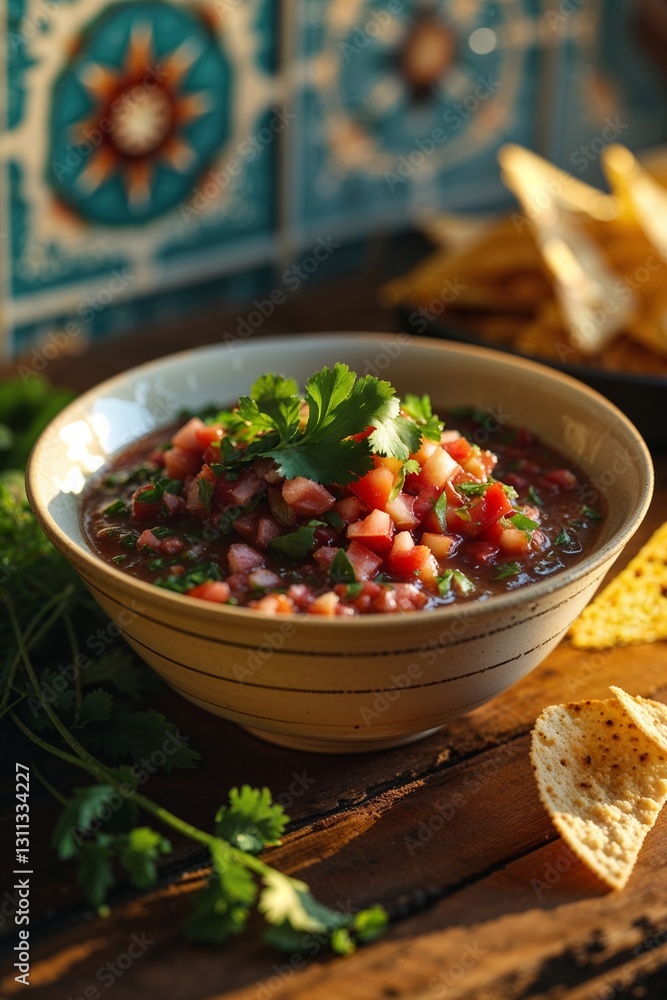 Poster fresh salsa served in a bowl with herbs and chips against a colorful tile background in a rustic set