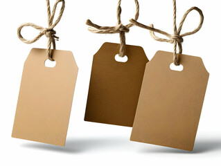 Three blank brown paper tags with twine, perfect for labeling or crafting. Ideal for gift wrapping, inventory, or creative projects.