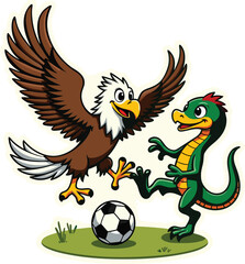 An eagle and dragon enthusiastically play soccer mexican flag mixico