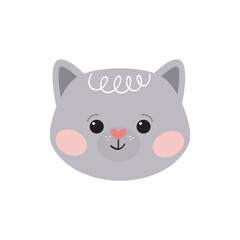 Cute cat face vector illustration. Adorable cartoon kitten in soft pastel tones with a smile. Fun and playful design for children's products, nursery decor, prints, educational materials, and pet-them