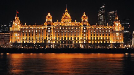 Fototapeta premium Illuminated Historic Building at Night Along Riverbank in Cityscape