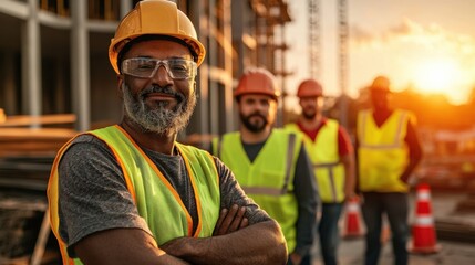 Close-up of teamwork at sunset urban construction site