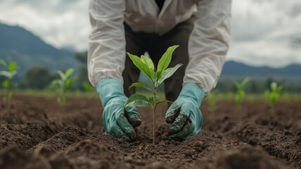 Naklejka premium Climate change with global transition idea. Planting a young seedling in fertile soil outdoors.