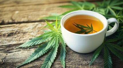Close-up of a white cup with golden cannabis tea,