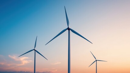 Fototapeta premium Climate change with global transition idea. Wind turbines against a colorful sunset sky.