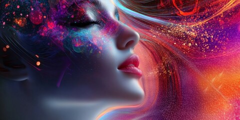 Ethereal Portrait of a Woman with Colorful Cosmic Swirls
