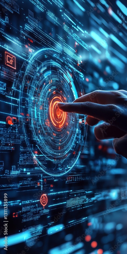 Poster futuristic digital interface with user interaction and hand touching control panel