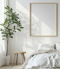 Sunlit bedroom with plant and empty frame