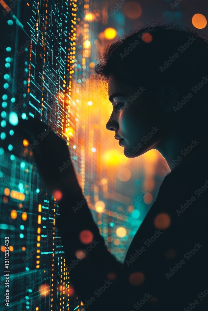 Poster a woman is looking at a computer screen with a lot of numbers and letters