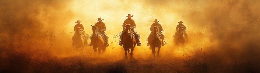 Cowboys riding through a dramatic sunset scene.