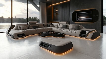 Modern sectional sofa in beige leather, sleek design, modern living room, sunset cityscape view