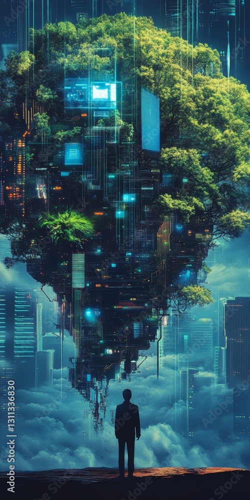Poster surreal floating tree with digital elements in futuristic landscape