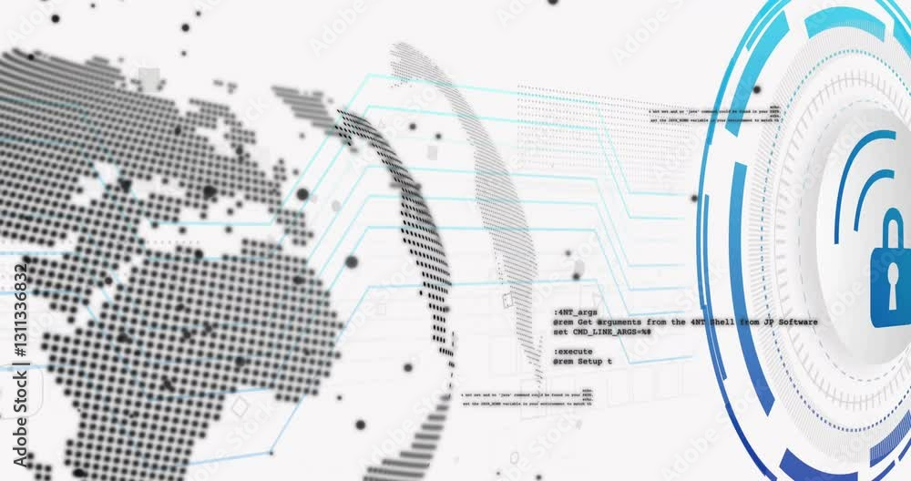 Poster digital security lock animation over world map with data lines and coding