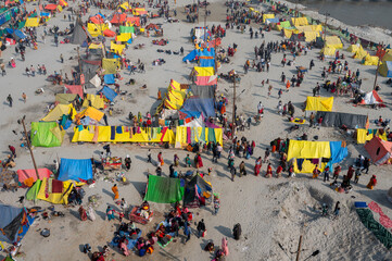    Prayagraj,India-28 pJanuary 2025 Top angle view of the colourful tents set up at the Kumbh Mela...