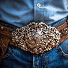Elegant Western belt buckle with intricate design.