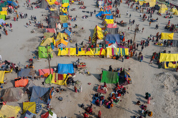    Prayagraj,India-28 pJanuary 2025 Top angle view of the colourful tents set up at the Kumbh Mela...