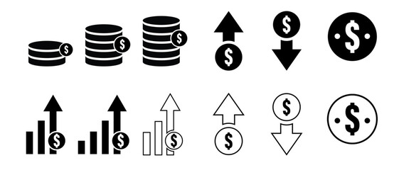 Dollar rate increase vector icon set, Dollar increase and decrease vector icons, Rise cost vector illustration. Business money cash increase signs set