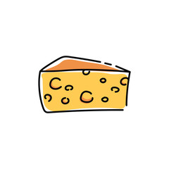 Cheese with holes, hand drawn in doodle style. Farm product in flat style.