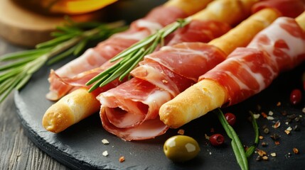 Close-up of prosciutto wrapped around golden