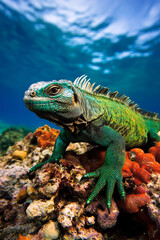 Fototapeta premium This stunning underwater shot captures a vibrant iguana perched on coral, showcasing its striking colors and unique adaptations in the aquatic environment.