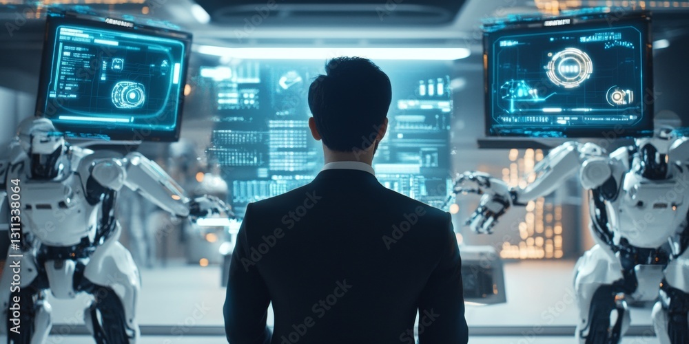 Poster a man in a suit stands in front of two robots
