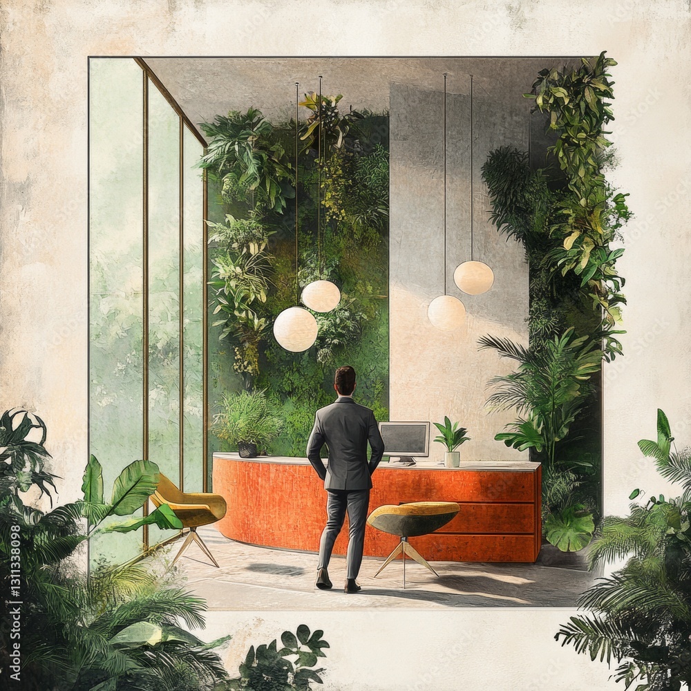 Poster a man is standing in front of a desk with a computer and a potted plant