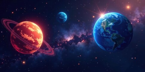 Naklejka premium Geometric planets, glowing constellations, dark void, night, universe, abstract