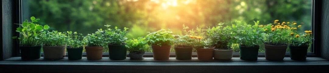 Fototapeta premium Lush Green Plants on Window Sill During Golden Hour. Generative AI