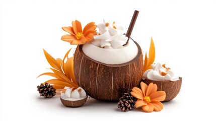 Coconut Drink with Whipped Cream Straw and Orange Flowers in Tropical Setting. Generative AI