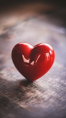 Fototapeta premium A glossy red heart sculpture resting on a rustic wooden surface.