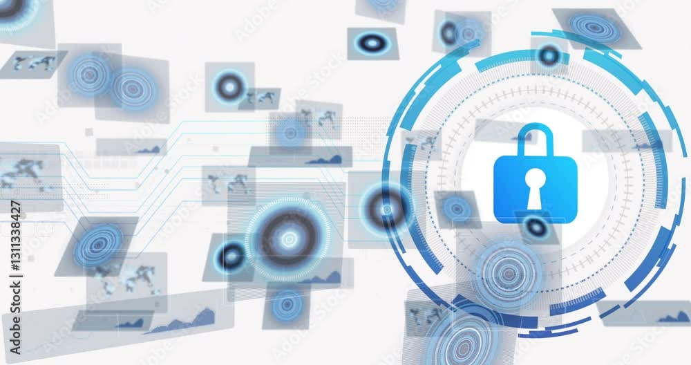 Poster Digital security lock icon with data processing and network connections animation