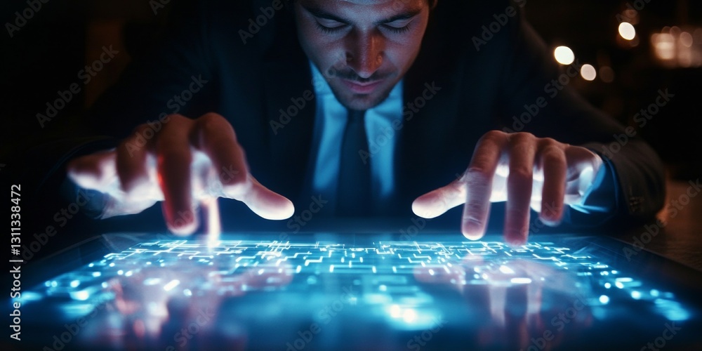Poster a man is typing on a computer screen with his hands