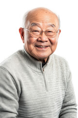 Obraz premium Smiling senior man portrait isolated on white background, cheerful elderly Asian male with glasses, happy retirement lifestyle, joy, and wisdom.