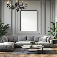 A large white blank poster frame on the wall of an elegant living room, in a mockup style, with a cozy interior design. A grey sofa and round coffee table with plants, wooden floorboards, 