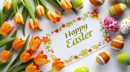 A card with the inscription "Happy Easter" on it, surrounded by orange tulips and colorful eggs. The background is white.