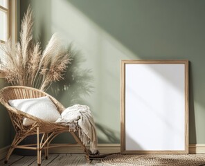 Bohemian corner, wicker chair, blank frame, sunlight