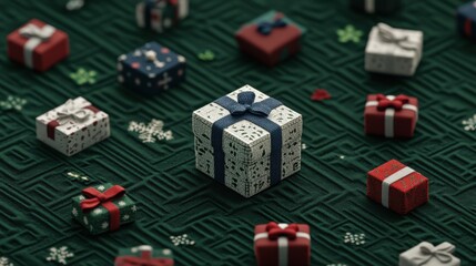 A holiday-themed advent calendar with small gifts wrapped in festive paper