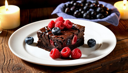 tasty brownie cake with fresh raspberries and blueberries 