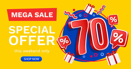 70 percent Special offer mega sale, Check and gift box. Sale banner and poster. Vector illustration.