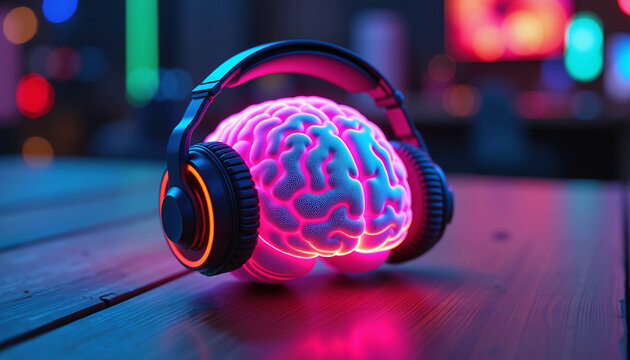 Neon brain with headphones on wooden table, symbolizing binaural beats concept