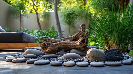 Tranquil Outdoor Garden Scene with Stones and Natural Elements