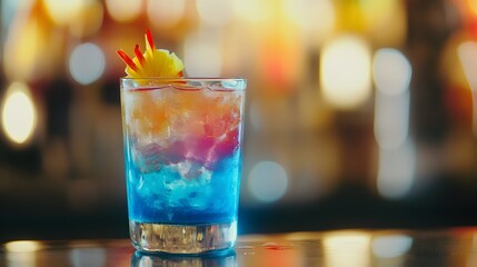Colorful layered cocktail with ice and fruit garnish on bar